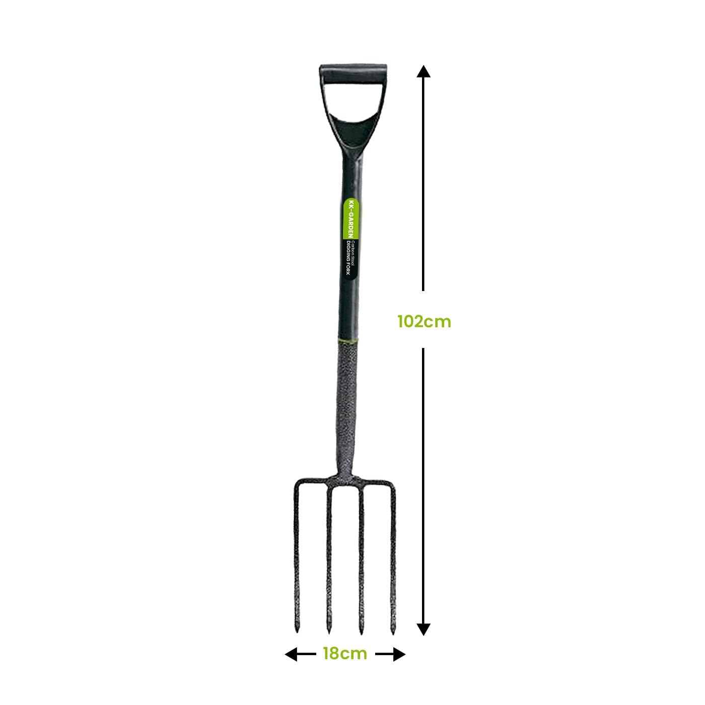KKTECH Digging Fork Gardening Hand Tool - Durable and Heavy Duty Garden Fork with Long Handle, Carbon Steel Shaft, and PVC Grip - Black