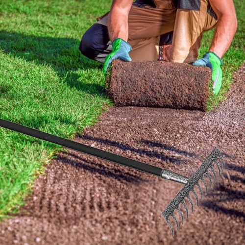 KKTECH High Grade Carbon Fibre Garden Rake for Soil - Long Lasting, Durable, Lightweight, 12-Tine Metal Rake Head - Heavy Duty Garden Rake for Gardening - Black (120 x 32 x 9 ) cm
