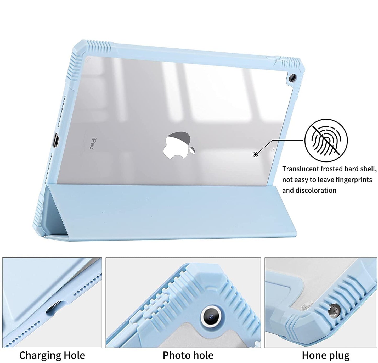 Smart Protective Case for iPad 8th/7th Generation 10.2 Inch, Shock Proof with Auto Wake/Sleep and Translucent Frosted Hard Back Cover
