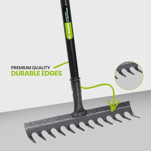 KKTECH High Grade Carbon Fibre Garden Rake for Soil - Long Lasting, Durable, Lightweight, 12-Tine Metal Rake Head - Heavy Duty Garden Rake for Gardening - Black (120 x 32 x 9 ) cm
