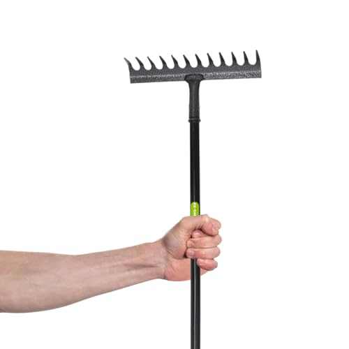 KKTECH High Grade Carbon Fibre Garden Rake for Soil - Long Lasting, Durable, Lightweight, 12-Tine Metal Rake Head - Heavy Duty Garden Rake for Gardening - Black (120 x 32 x 9 ) cm