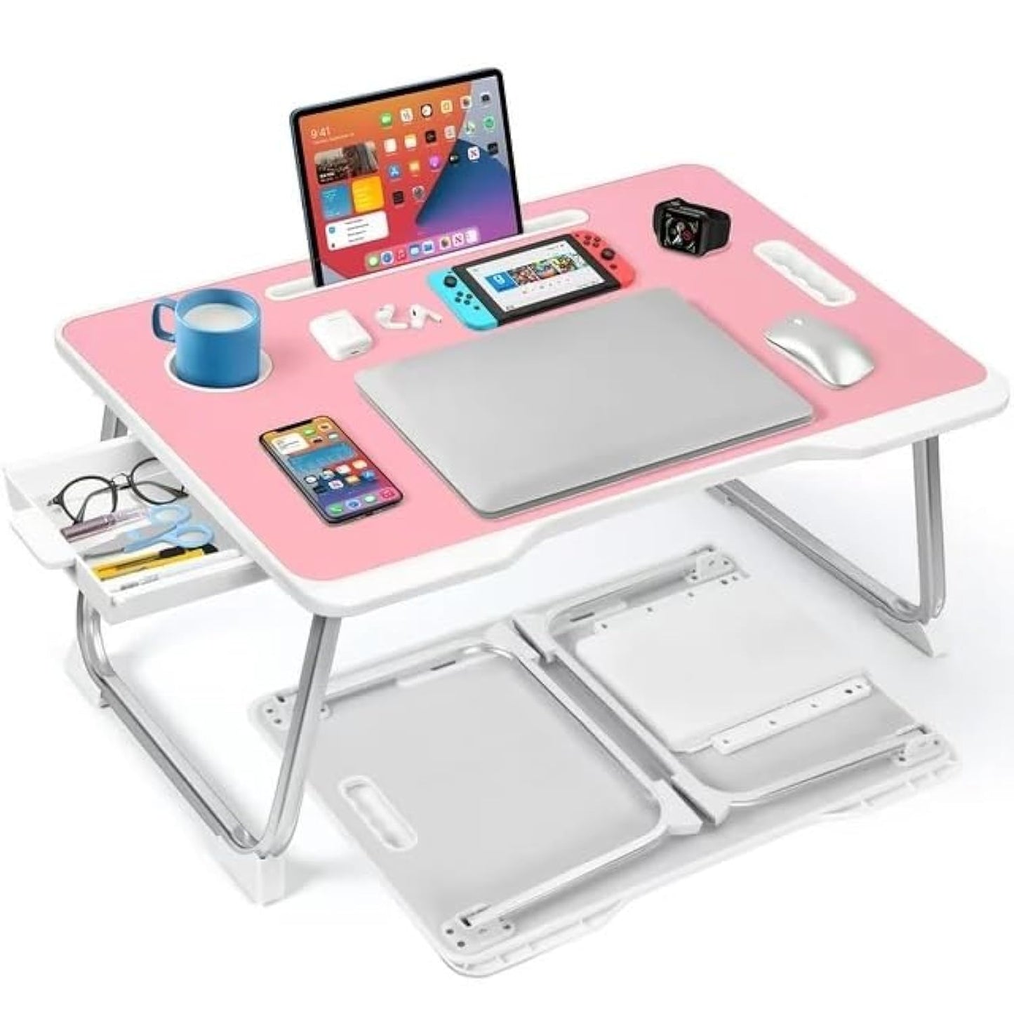 KKTECH Bed Table - Laptop Stand with Drawer, Foldable Legs, Tablet Holder, Cup Holder