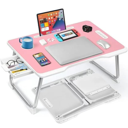 KKTECH Bed Table - Laptop Stand with Drawer, Foldable Legs, Tablet Holder, Cup Holder