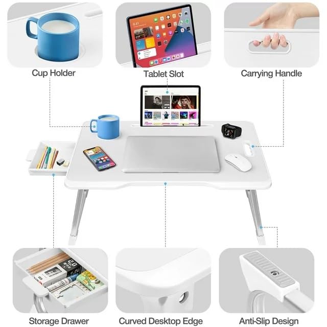 KKTECH Bed Table - Laptop Stand with Drawer, Foldable Legs, Tablet Holder, Cup Holder