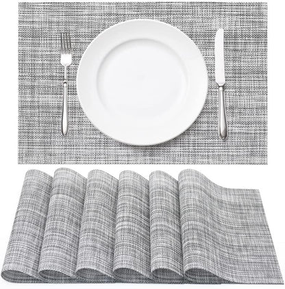 KKTECH Placemats Set of 6, Washable Non-slip Heat Insulation Woven Vinyl Place Mats for Table, Elegant Table Mats for Kitchen and Dining Room, Perfect for Home Decor (18"x12")