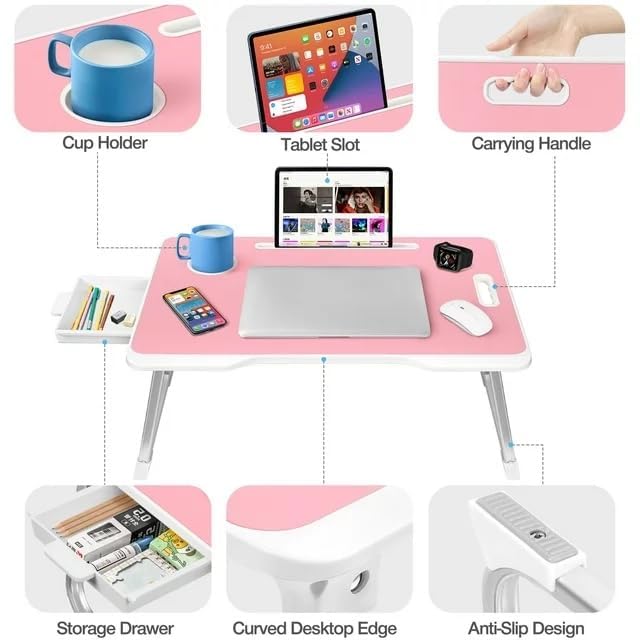 KKTECH Bed Table - Laptop Stand with Drawer, Foldable Legs, Tablet Holder, Cup Holder