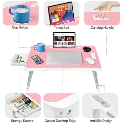 KKTECH Bed Table - Laptop Stand with Drawer, Foldable Legs, Tablet Holder, Cup Holder
