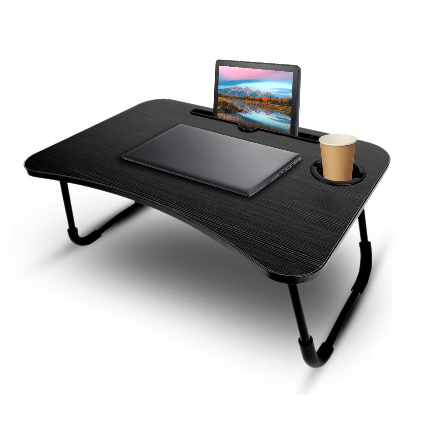 KKTECH Bed Table Tray for Eating on Lap Folding Laptop Stand for Bed Lap Standing Desk Sofa Breakfast Table Bed Tray Laptop Lap Desk with Cup Holder Notebook Stand Steel Legs 60x40x28cm