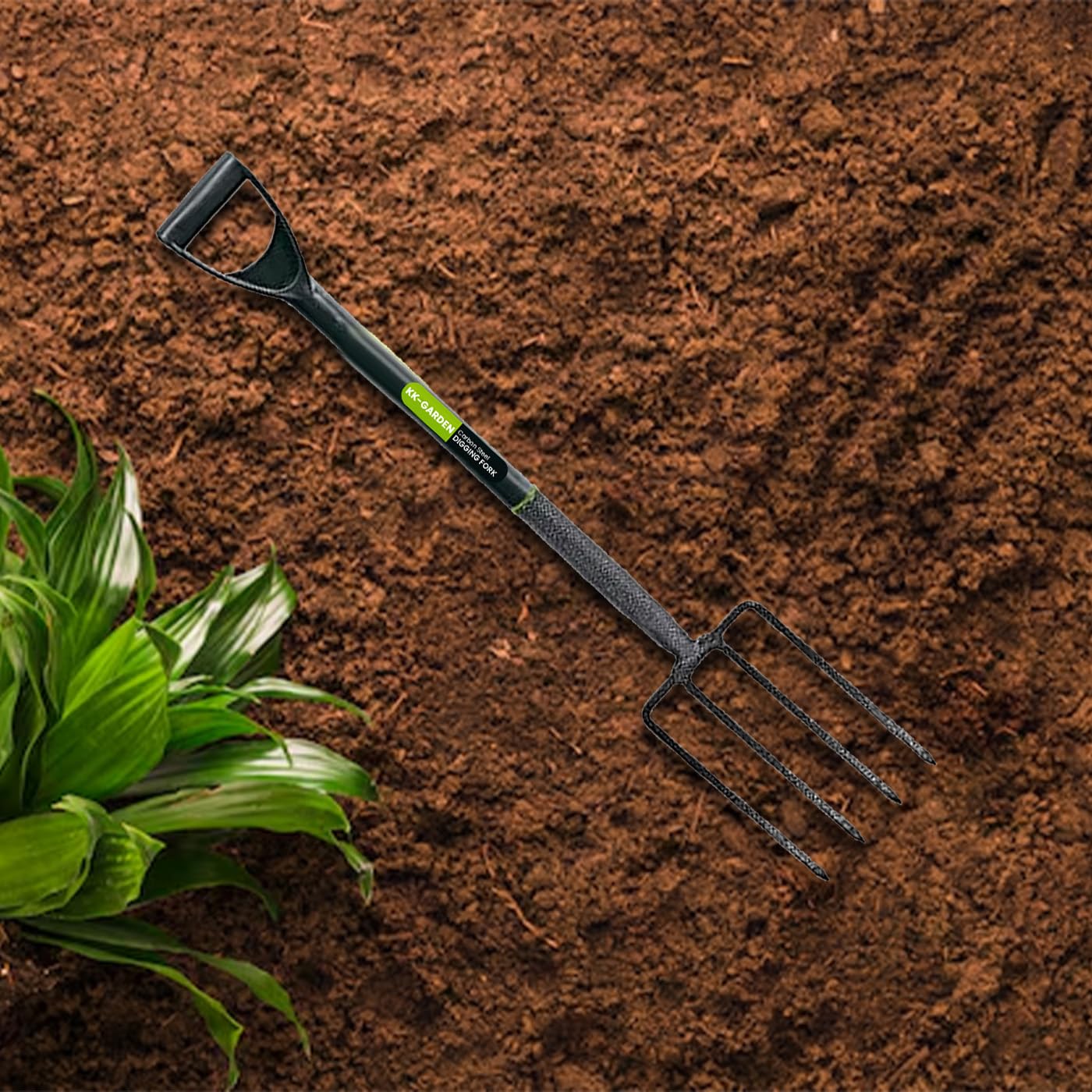 KKTECH Digging Fork Gardening Hand Tool - Durable and Heavy Duty Garden Fork with Long Handle, Carbon Steel Shaft, and PVC Grip - Black