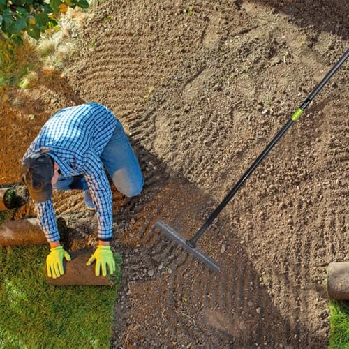 KKTECH High Grade Carbon Fibre Garden Rake for Soil - Long Lasting, Durable, Lightweight, 12-Tine Metal Rake Head - Heavy Duty Garden Rake for Gardening - Black (120 x 32 x 9 ) cm