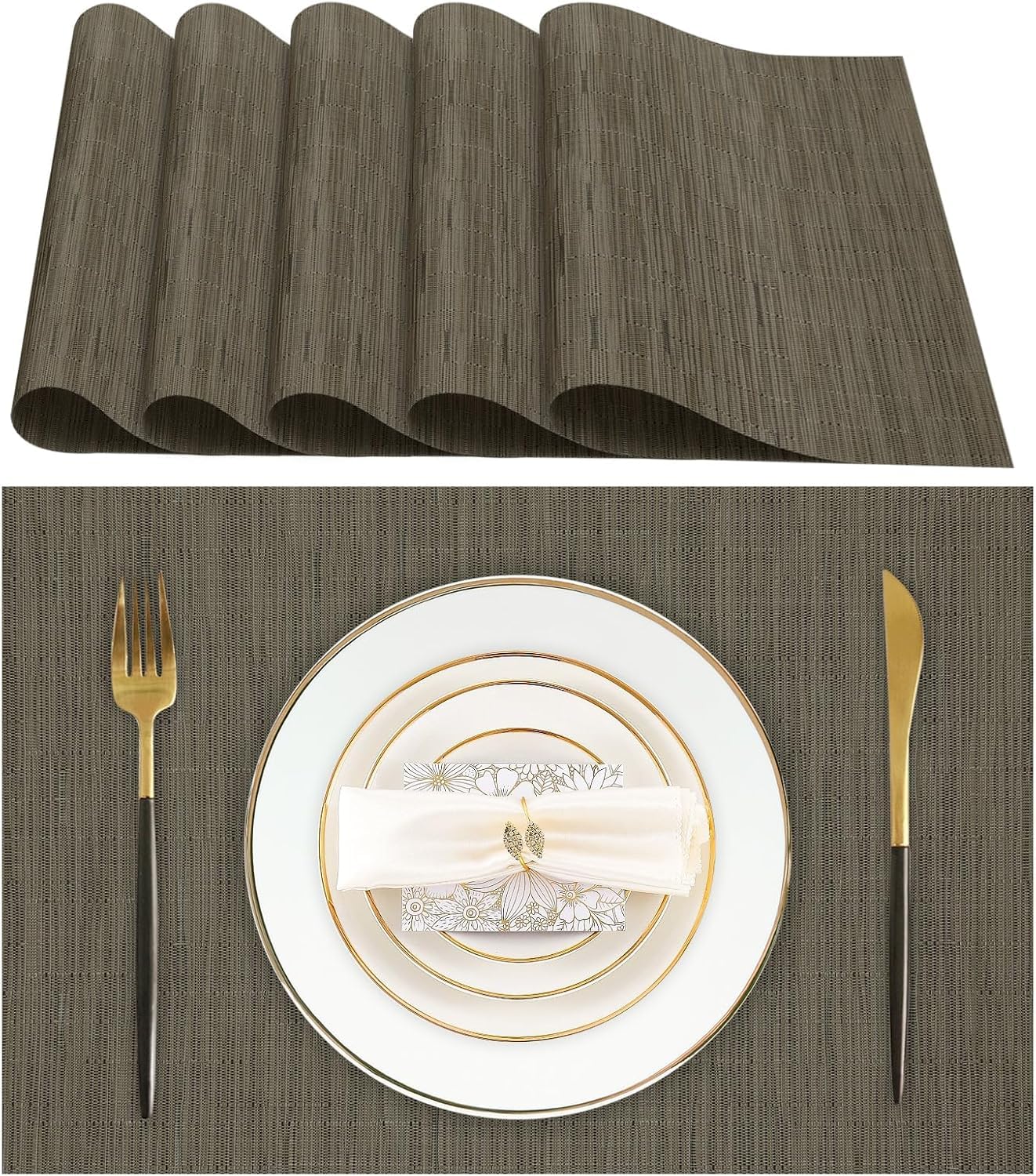 KKTECH Placemats Set of 6, Washable Non-slip Heat Insulation Woven Vinyl Place Mats for Table, Elegant Table Mats for Kitchen and Dining Room, Perfect for Home Decor (18"x12")