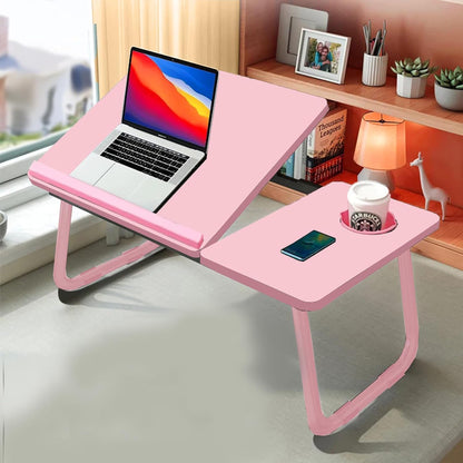 KKTECH Laptop Tray with Adjustable Angle, Space-Saving Bed Table with Foldable Legs, Cup Slot, Book Holder, Reading Stand, Versatile Laptop Table for Bed Use