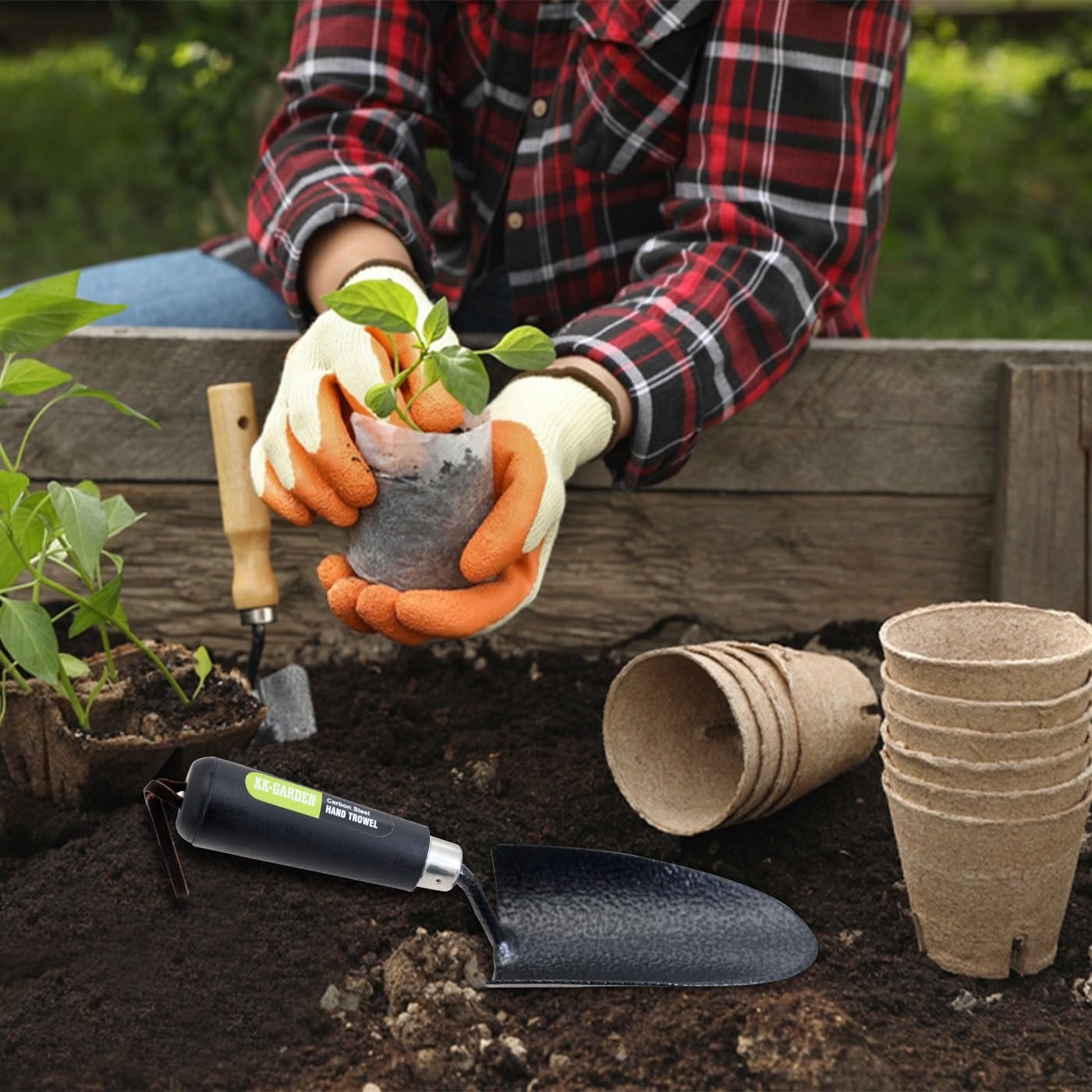 KKTECH Carbon Steel Heavy Duty Hand Fork & Trowel Set – Durable Garden Tools with Ergonomic Handles & Leather Straps
