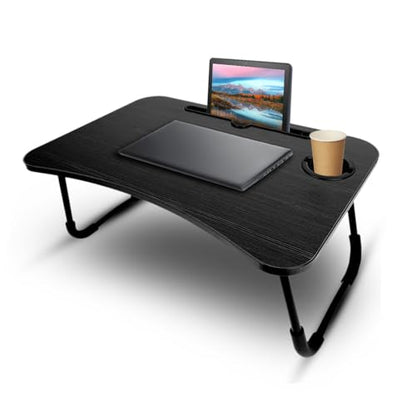 KKTECH Bed Table Tray for Eating on Lap Folding Laptop Stand for Bed Lap Standing Desk Sofa Breakfast Table Bed Tray Laptop Lap Desk with Cup Holder Notebook Stand Steel Legs 60x40x28cm