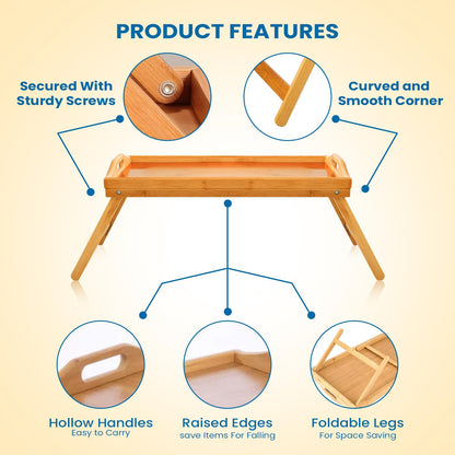 KKTECH Foldable Bamboo Bed Tray Tableand Lap Tray - Elegant Bed Table for Serving and Dining - Multi-Functional Design for Home and Travel, Durable and Eco-Friendly
