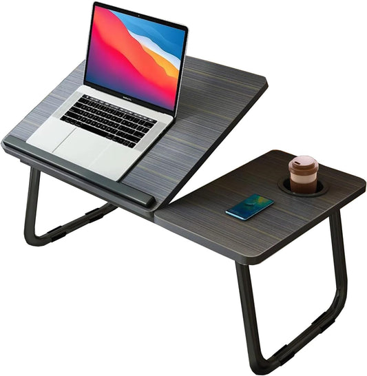 KKTECH Laptop Tray with Adjustable Angle, Space-Saving Bed Table with Foldable Legs, Cup Slot, Book Holder, Reading Stand, Versatile Laptop Table for Bed Use