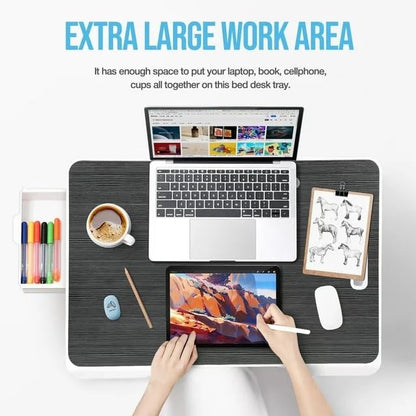KKTECH Bed Table - Laptop Stand with Drawer, Foldable Legs, Tablet Holder, Cup Holder