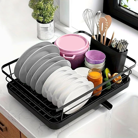KKTECH Stainless Steel Dish Drainer: Compact Kitchen Drying Rack with Cutlery Holder, Space-Saving Dish Rack for Kitchen Counter, Durable and Versatile, Ideal for Dishes, Knives, and Forks