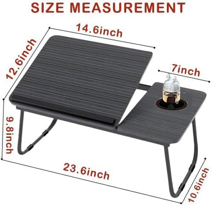 KKTECH Laptop Tray with Adjustable Angle, Space-Saving Bed Table with Foldable Legs, Cup Slot, Book Holder, Reading Stand, Versatile Laptop Table for Bed Use