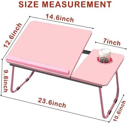 KKTECH Laptop Tray with Adjustable Angle, Space-Saving Bed Table with Foldable Legs, Cup Slot, Book Holder, Reading Stand, Versatile Laptop Table for Bed Use