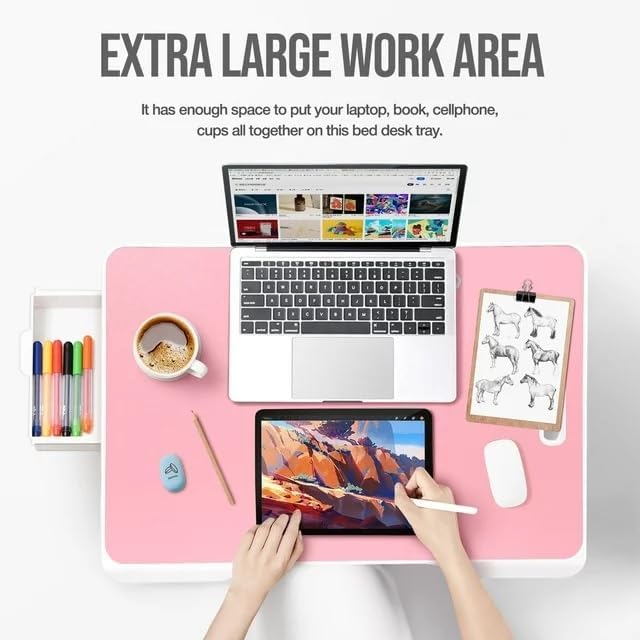 KKTECH Bed Table - Laptop Stand with Drawer, Foldable Legs, Tablet Holder, Cup Holder