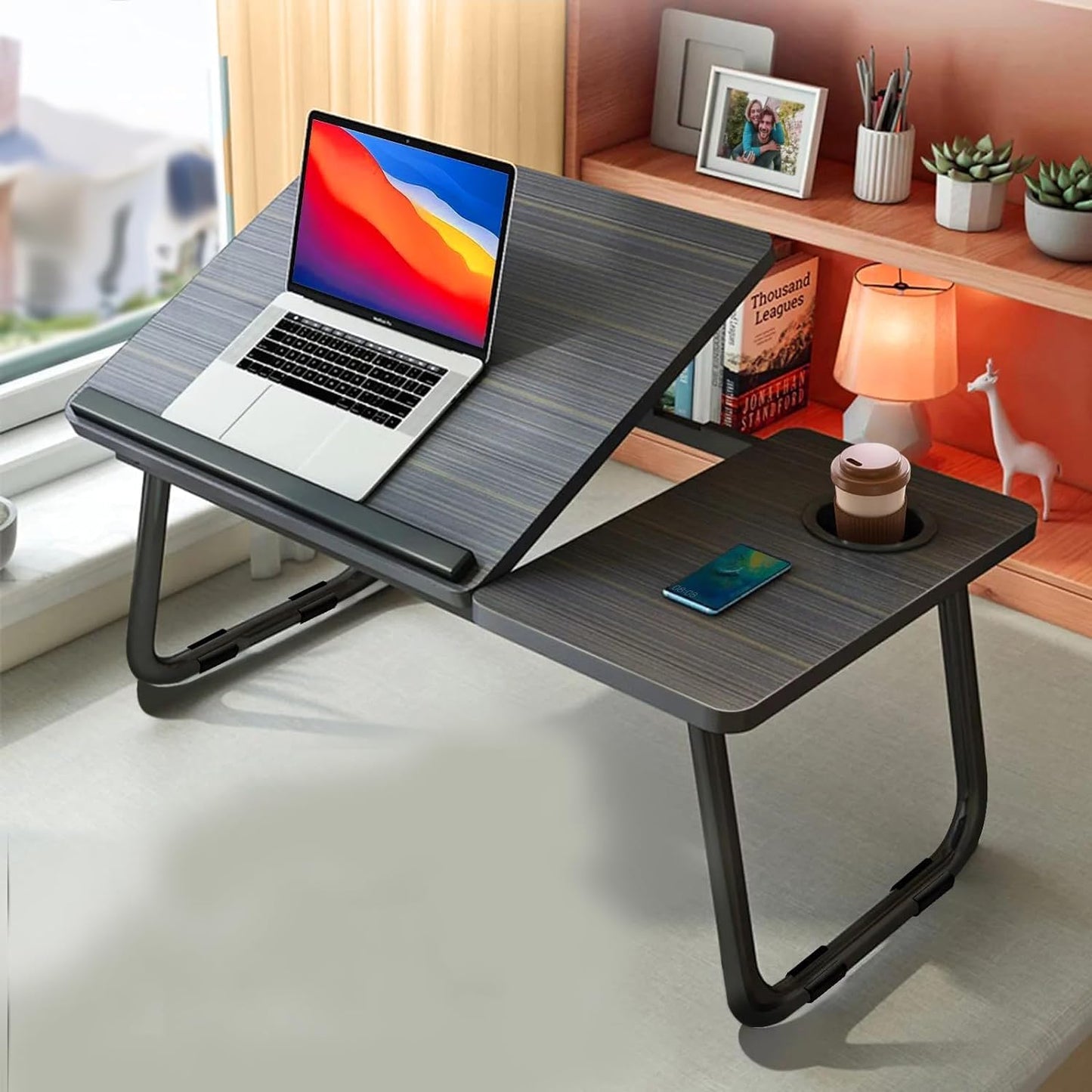 KKTECH Laptop Tray with Adjustable Angle, Space-Saving Bed Table with Foldable Legs, Cup Slot, Book Holder, Reading Stand, Versatile Laptop Table for Bed Use