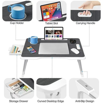 KKTECH Bed Table - Laptop Stand with Drawer, Foldable Legs, Tablet Holder, Cup Holder