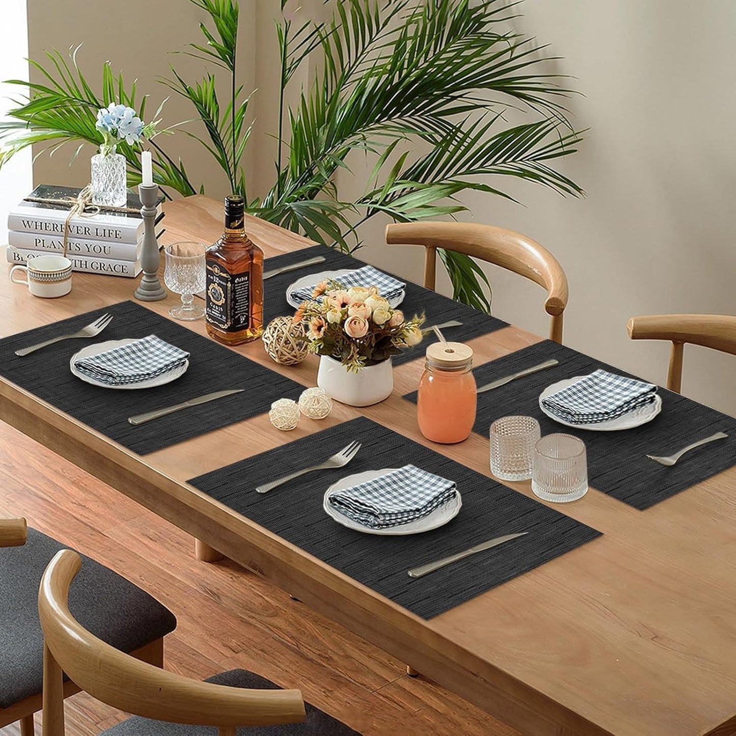 KKTECH Placemats Set of 6, Washable Non-slip Heat Insulation Woven Vinyl Place Mats for Table, Elegant Table Mats for Kitchen and Dining Room, Perfect for Home Decor (18"x12")