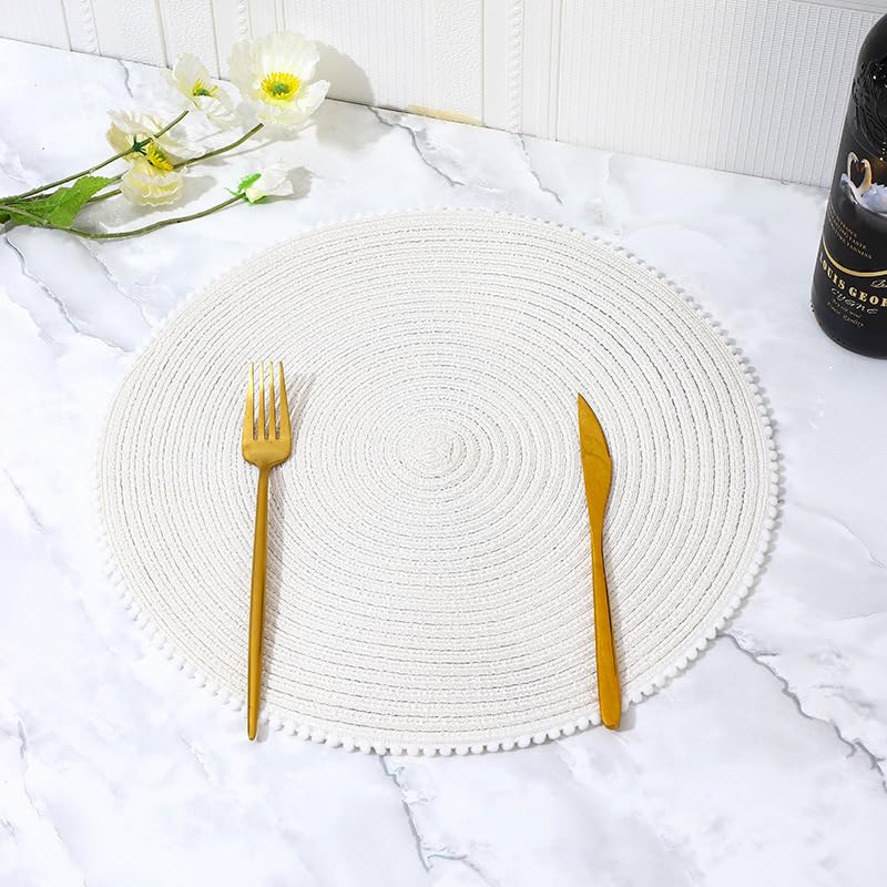 KKTECH Round Braided Placemats Set Of 4 For Dining Table, Waterproof and Washable Circle Table Mats - Non-Slip Heat-Resistant Vinyl Place Mats - 15 Inches Diameter