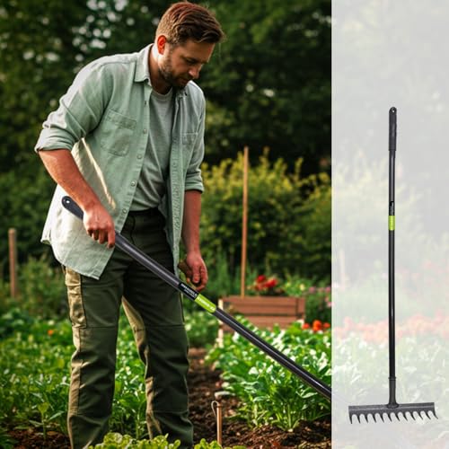 KKTECH High Grade Carbon Fibre Garden Rake for Soil - Long Lasting, Durable, Lightweight, 12-Tine Metal Rake Head - Heavy Duty Garden Rake for Gardening - Black (120 x 32 x 9 ) cm