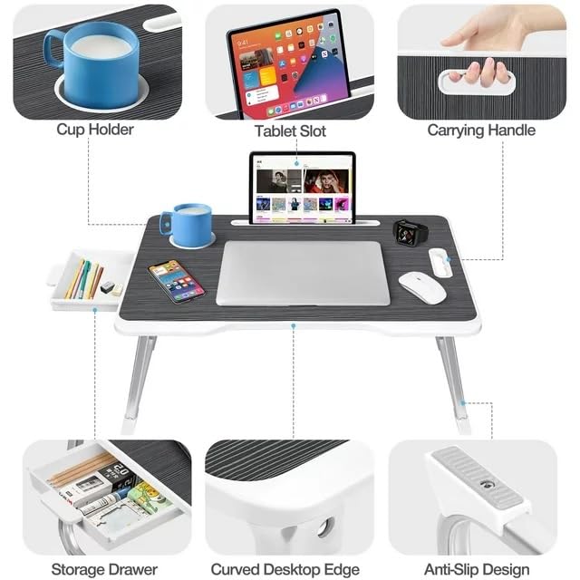 KKTECH Bed Table - Laptop Stand with Drawer, Foldable Legs, Tablet Holder, Cup Holder