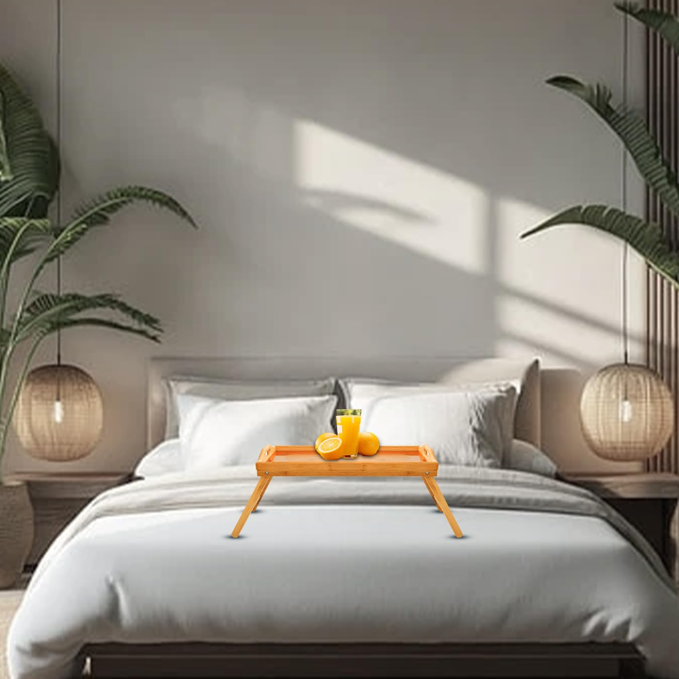KKTECH Foldable Bamboo Bed Tray Tableand Lap Tray - Elegant Bed Table for Serving and Dining - Multi-Functional Design for Home and Travel, Durable and Eco-Friendly