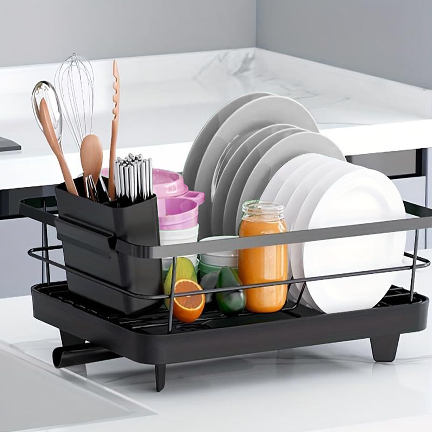 KKTECH Stainless Steel Dish Drainer: Compact Kitchen Drying Rack with Cutlery Holder, Space-Saving Dish Rack for Kitchen Counter, Durable and Versatile, Ideal for Dishes, Knives, and Forks