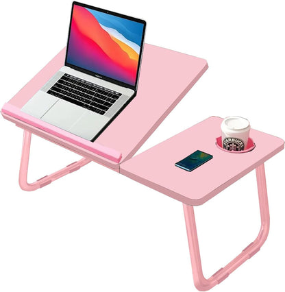 KKTECH Laptop Tray with Adjustable Angle, Space-Saving Bed Table with Foldable Legs, Cup Slot, Book Holder, Reading Stand, Versatile Laptop Table for Bed Use