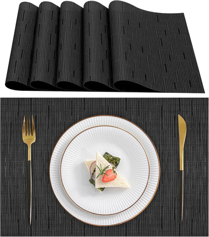 KKTECH Placemats Set of 6, Washable Non-slip Heat Insulation Woven Vinyl Place Mats for Table, Elegant Table Mats for Kitchen and Dining Room, Perfect for Home Decor (18"x12")