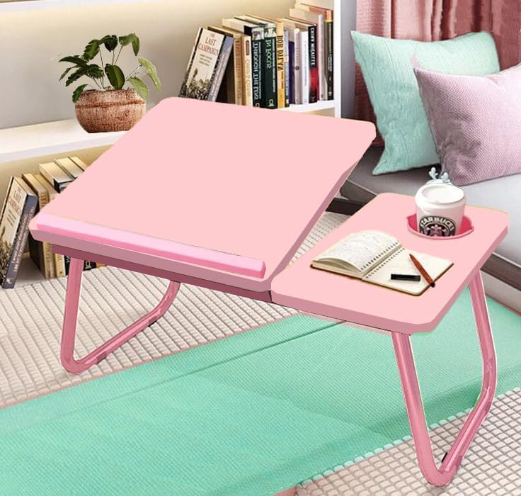 KKTECH Laptop Tray with Adjustable Angle, Space-Saving Bed Table with Foldable Legs, Cup Slot, Book Holder, Reading Stand, Versatile Laptop Table for Bed Use