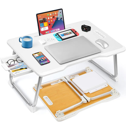KKTECH Bed Table - Laptop Stand with Drawer, Foldable Legs, Tablet Holder, Cup Holder
