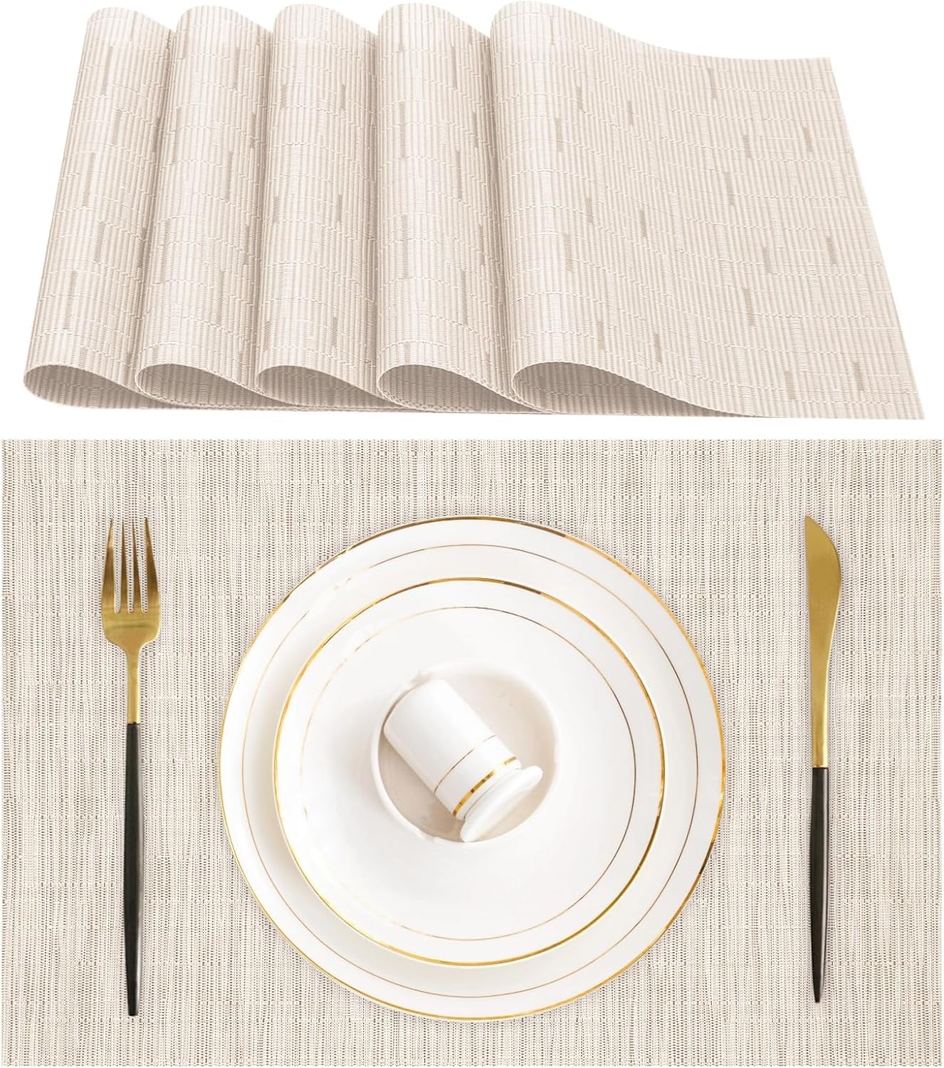 KKTECH Placemats Set of 6, Washable Non-slip Heat Insulation Woven Vinyl Place Mats for Table, Elegant Table Mats for Kitchen and Dining Room, Perfect for Home Decor (18"x12")