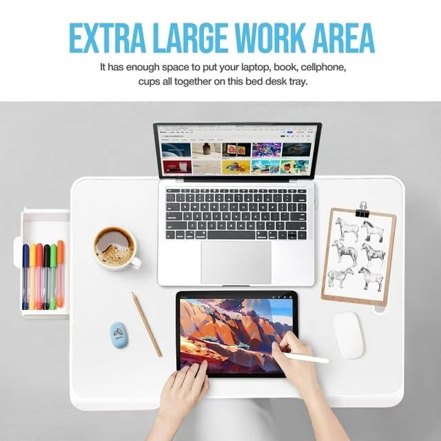 KKTECH Bed Table - Laptop Stand with Drawer, Foldable Legs, Tablet Holder, Cup Holder