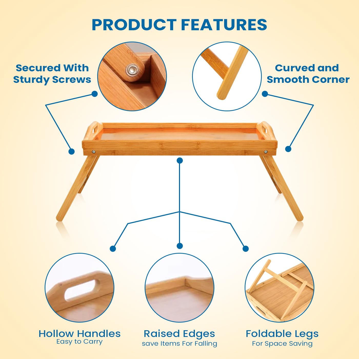 KKTECH Foldable Bamboo Bed Tray Tableand Lap Tray - Elegant Bed Table for Serving and Dining - Multi-Functional Design for Home and Travel, Durable and Eco-Friendly