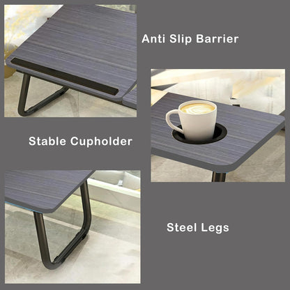 KKTECH Laptop Tray with Adjustable Angle, Space-Saving Bed Table with Foldable Legs, Cup Slot, Book Holder, Reading Stand, Versatile Laptop Table for Bed Use