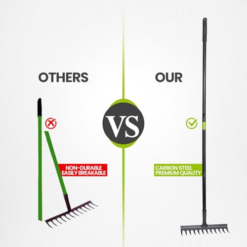 KKTECH High Grade Carbon Fibre Garden Rake for Soil - Long Lasting, Durable, Lightweight, 12-Tine Metal Rake Head - Heavy Duty Garden Rake for Gardening - Black (120 x 32 x 9 ) cm
