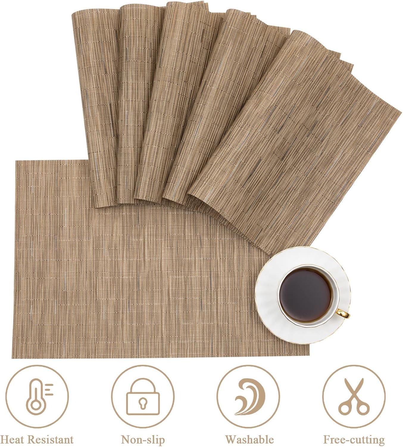 KKTECH Placemats Set of 6, Washable Non-slip Heat Insulation Woven Vinyl Place Mats for Table, Elegant Table Mats for Kitchen and Dining Room, Perfect for Home Decor (18"x12")