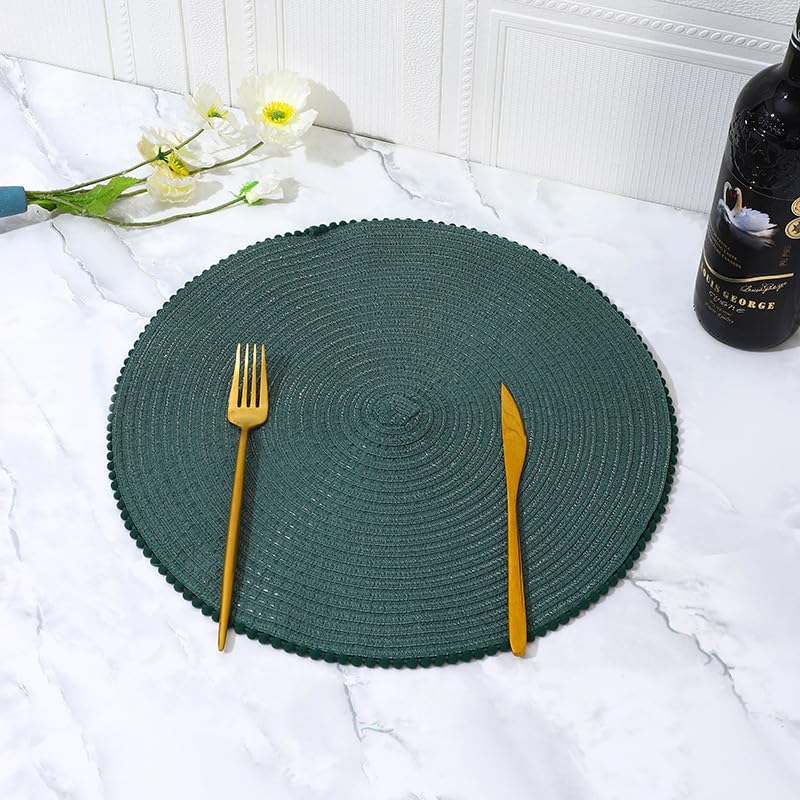 KKTECH Round Braided Placemats Set Of 4 For Dining Table, Waterproof and Washable Circle Table Mats - Non-Slip Heat-Resistant Vinyl Place Mats - 15 Inches Diameter