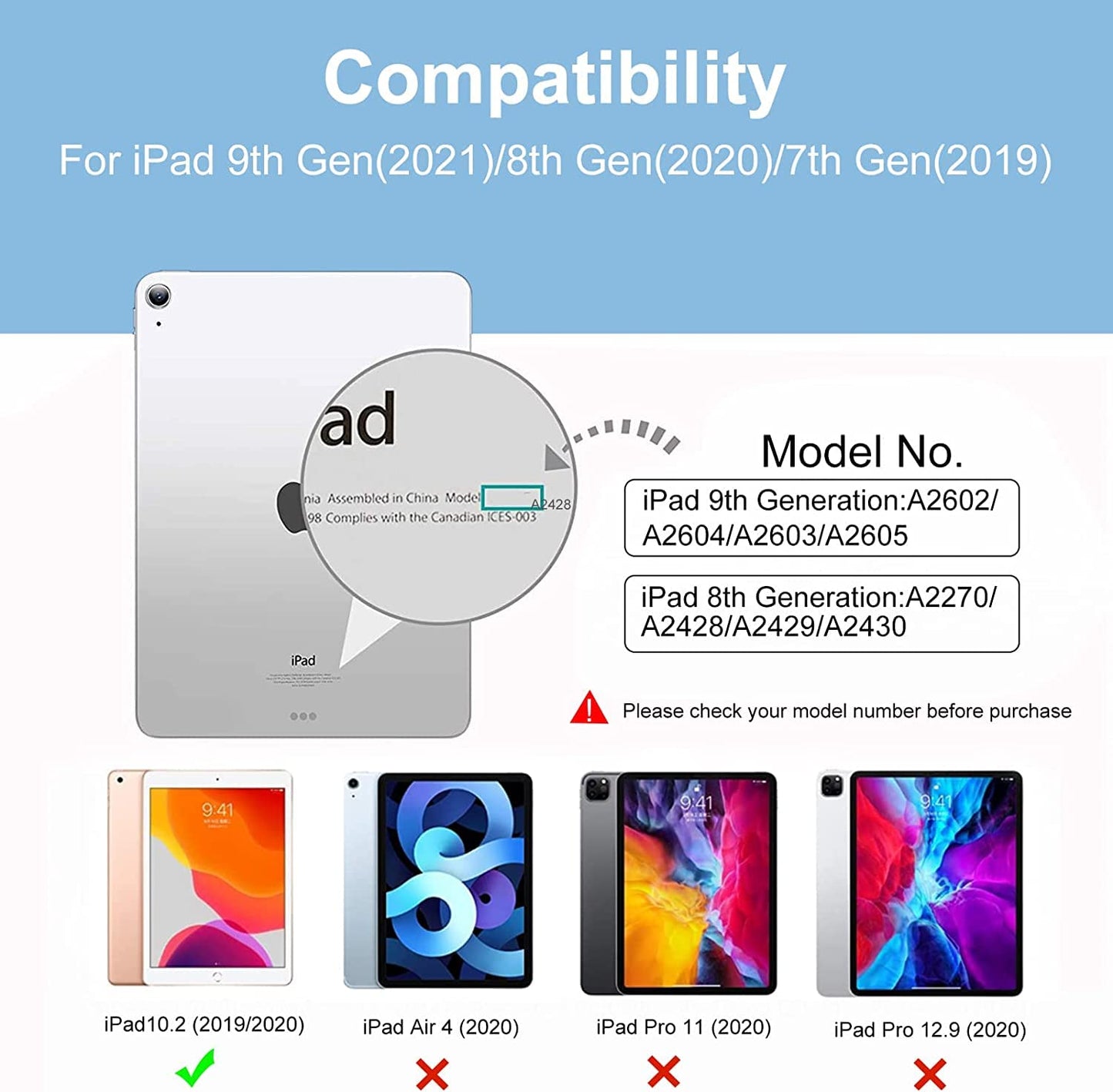 Case for iPad 9th 8th 7th Generation (2021/2020/2019) 10.2 Inch Case, Slim Lightweight Translucent Back Protective Smart Stand Case Cover, with Pencil Holder & Auto Wake/Sleep
