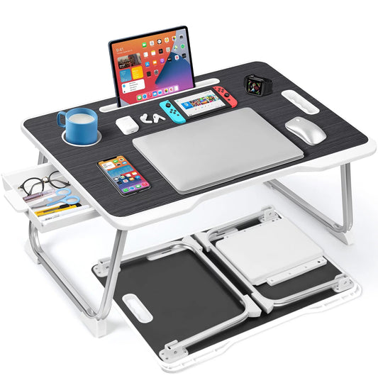 KKTECH Bed Table - Laptop Stand with Drawer, Foldable Legs, Tablet Holder, Cup Holder