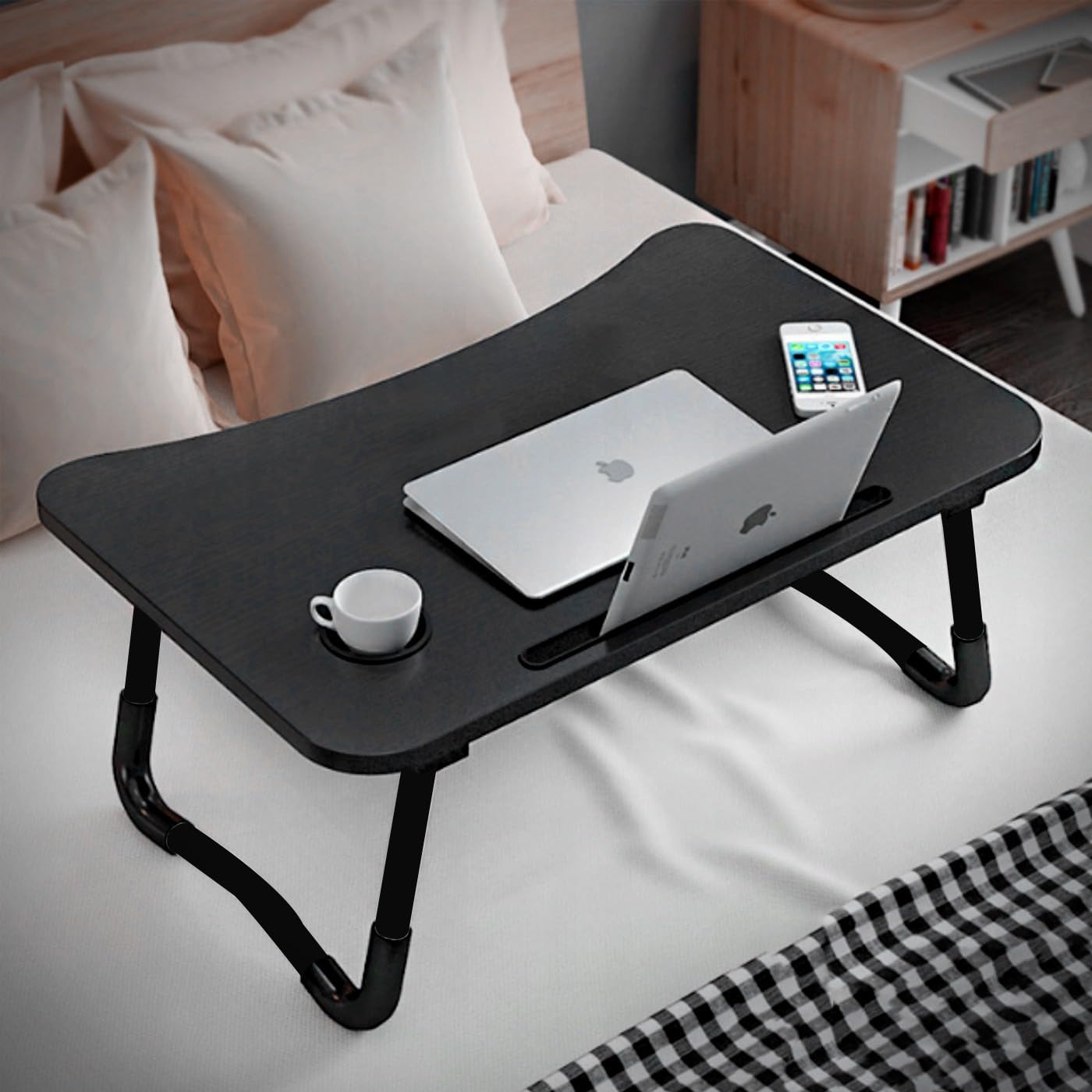 KKTECH Bed Table Tray for Eating on Lap Folding Laptop Stand for Bed Lap Standing Desk Sofa Breakfast Table Bed Tray Laptop Lap Desk with Cup Holder Notebook Stand Steel Legs 60x40x28cm