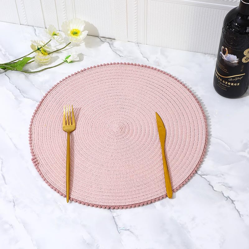 KKTECH Round Braided Placemats Set Of 4 For Dining Table, Waterproof and Washable Circle Table Mats - Non-Slip Heat-Resistant Vinyl Place Mats - 15 Inches Diameter