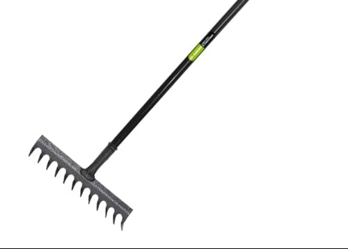 KKTECH High Grade Carbon Fibre Garden Rake for Soil - Long Lasting, Durable, Lightweight, 12-Tine Metal Rake Head - Heavy Duty Garden Rake for Gardening - Black (120 x 32 x 9 ) cm